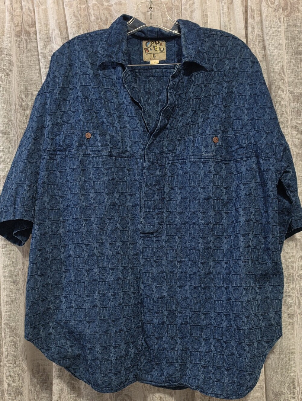 Vintage 80's 90's Code Bleu Woven Indigo Geometric Denim Shirt Sz Lg